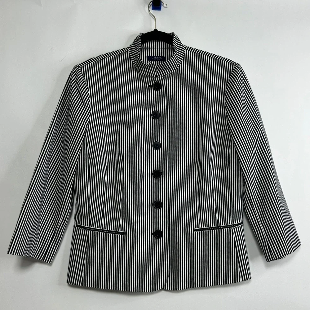 Chaps Women Black White Striped Mandarin Collar Blazer Jacket 12 Cotton Nautical